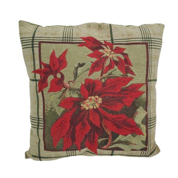 Decorative Poinsettia Throw Pillow Green Plaid Background 18 x 18 - Picture 1 of 7